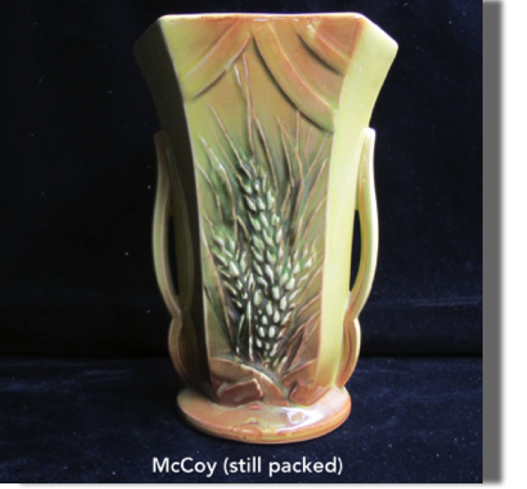 McCoy flower vase with wheat pattern, nice yellow/green/rust glaze 8-1/2" high
