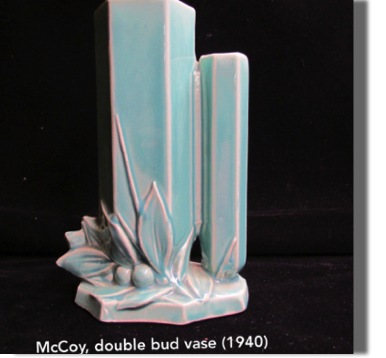 McCoy blue/green double bud vase 8" high