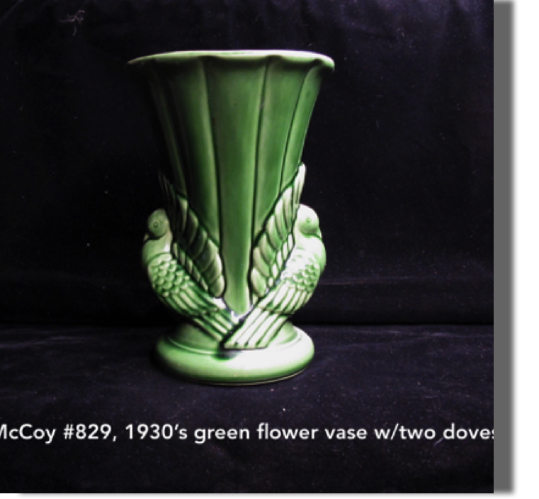 McCoy green flower vase with doves 9" high, 1930's #829