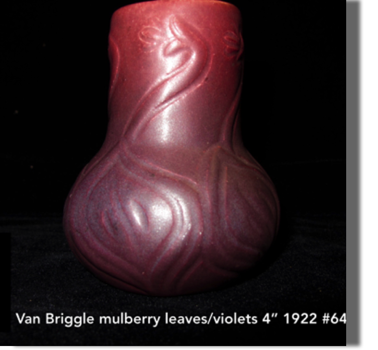 Mulberry Van Briggle with leaves and violets 4", 1922, #645