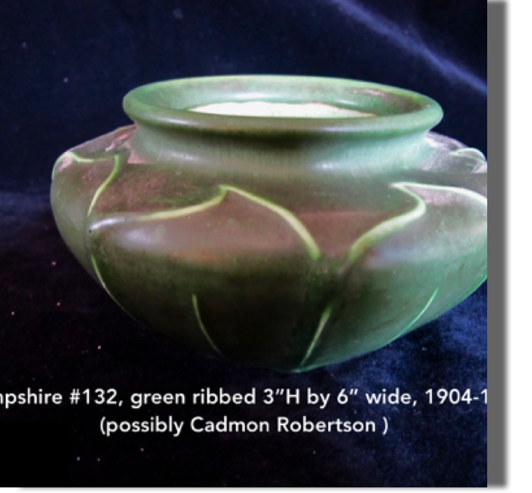 Hampshire Pottery, #132, green ribbed 3" high by 6" wide, possibly Dadmon Roberston 1904-1914, deep green with lighter glaze on the incised leaves, also marked "M" in a circle, beautiful pot