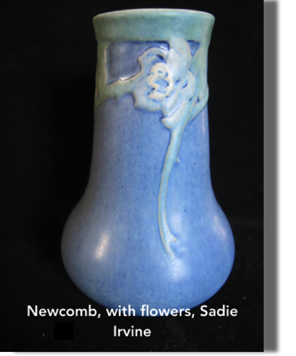 #OR79, dated 1925, shape 214, signed Sadie Irvine, Joseph Meyer potter, 5.50-6" high, matte floral with carved detailing