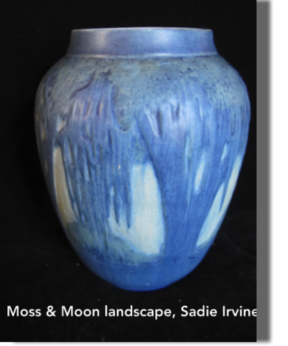 Moss & Moon Landscape, signed Sallie Irvine, potter Jonathan Browne Hunt, circa 1920's, 6.75" high, 6" width