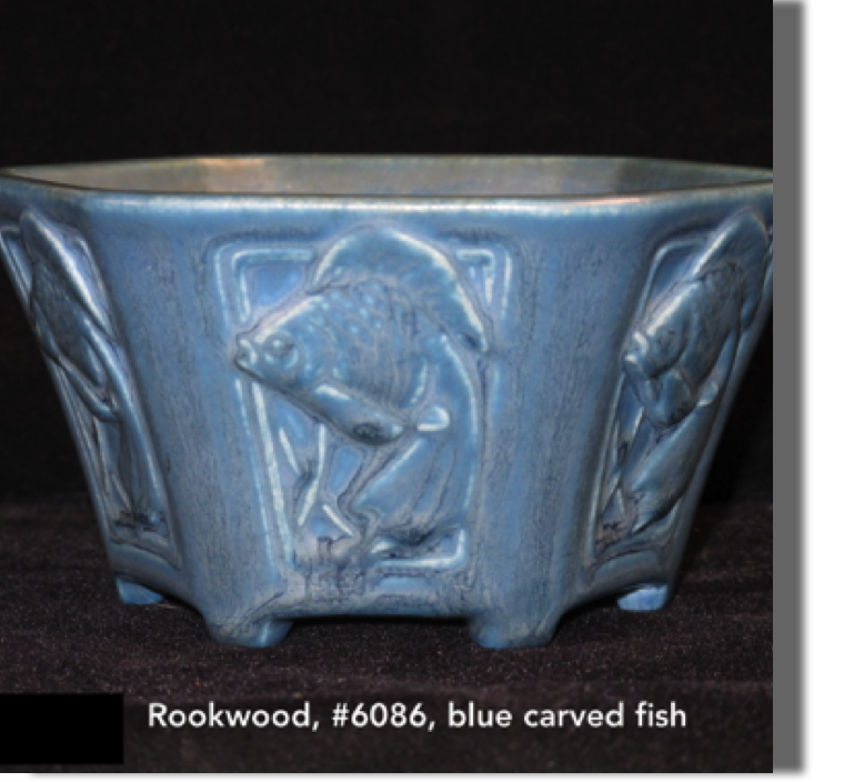 #6086, blue carved fish bowl, 3" high, 6"diameter, six-sided