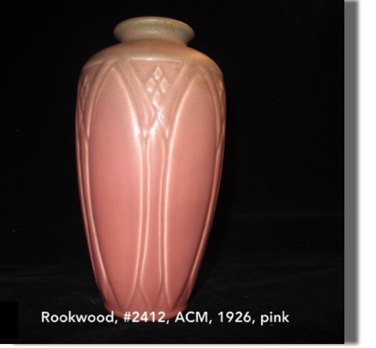 #2412, ACM, 1926, pink 7" high vase, 2" opening, 4" width