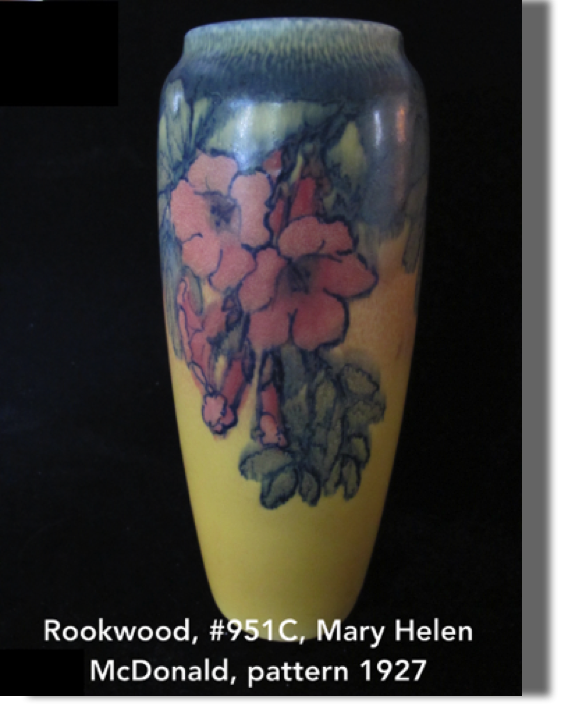 #951C, 10.50" high, Mary Helen McDonald. Yellow/blue with pink flowers, beautiful glaze and work, 1927, XXVII