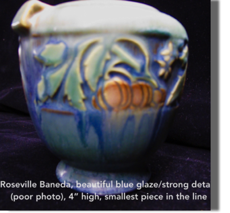 Roseville Baneda blue, 4" high, smallest piece in line #587-4- poor photo, great colors, glaze, and definition