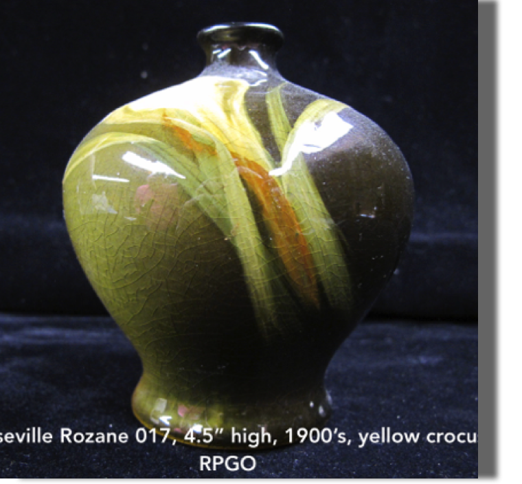Roseville Rozane 017, small bud vase (yellow crocus) 4.5" high, 4" wide, 1900's RPGO