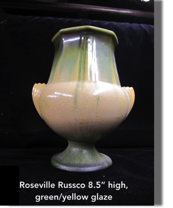 Roseville Russco, 1930's, 8.5" high, green and yellow glaze