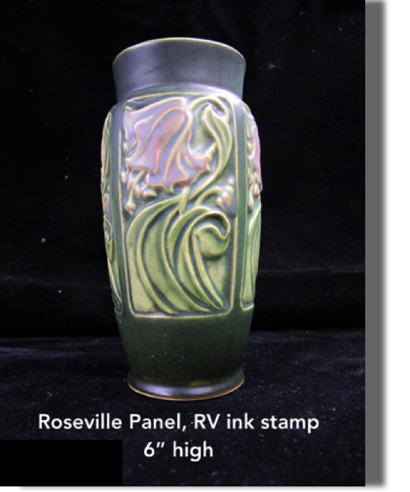 Roseville Panel, RV ink stamp, green and pink, 6" high