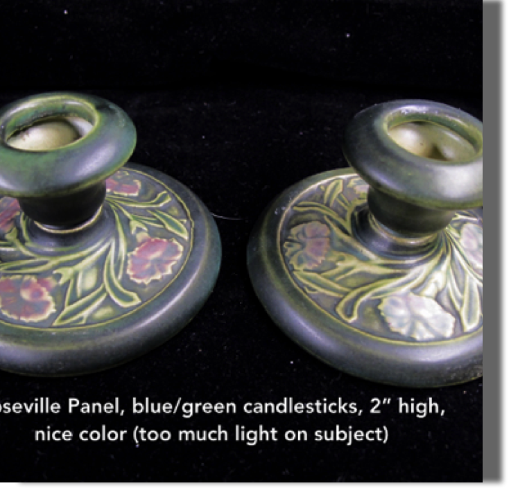 Roseville Panel - two blue/green candlesticks 2" high, very mint