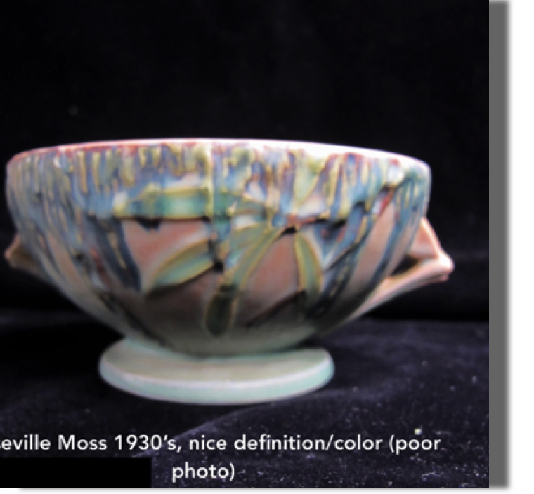 Roseville Moss, 1930's bowl with two handles 3" high, beautiful color (poor photo), very nice definition