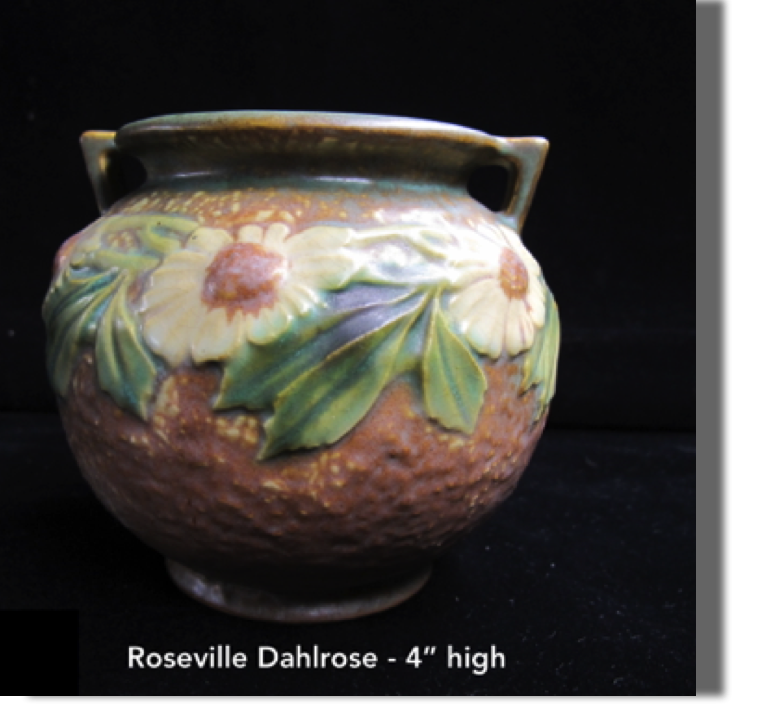 Roseville Dahlrose, 1924-28, 4" high pot with two handles