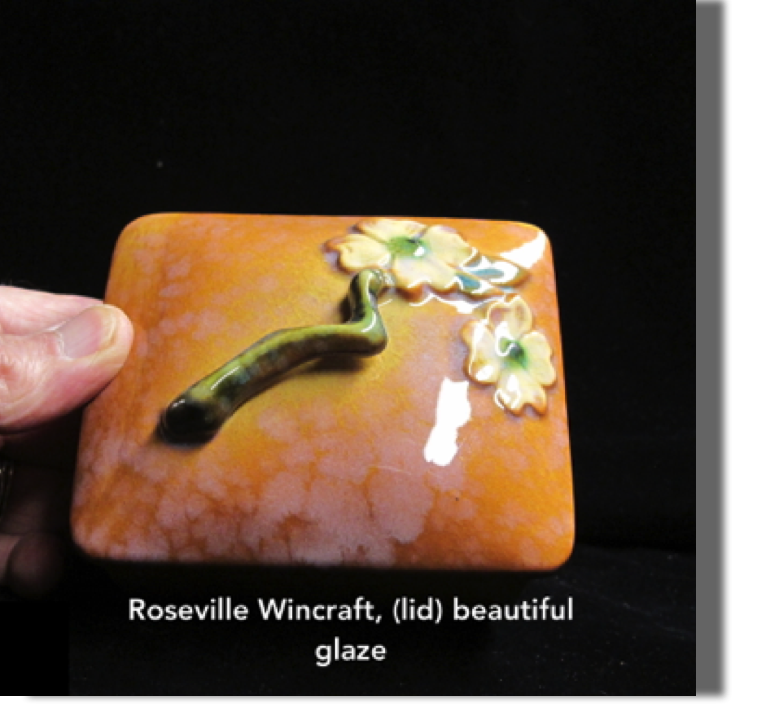 Lid to Wincraft apricot box in closeup showing beautiful glaze