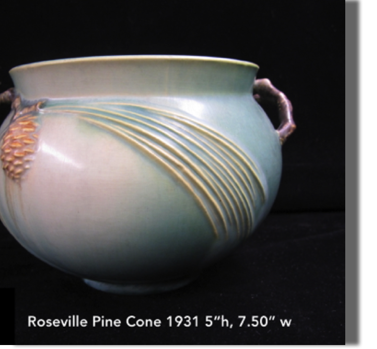 Roseville Pine Cone, 1931, blue/green with handles, 5" high by 7.50" wide, nice colors