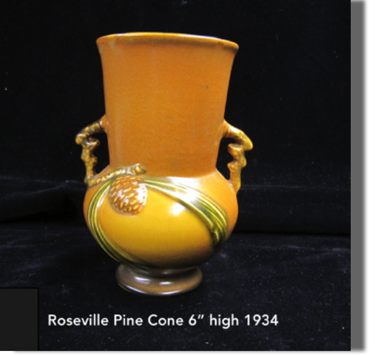 Rosevill Pine Cone, 'tan' two handled vase 1934 - 6" high