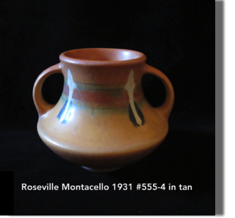 Roseville Montacello - 1931 vase with two handles, #555-4 in tan, 4" high