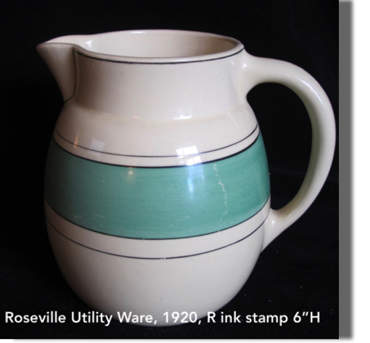 Roseville Utility Ware, decorated with green band, 1920, marked large R ink stamp, 6" high