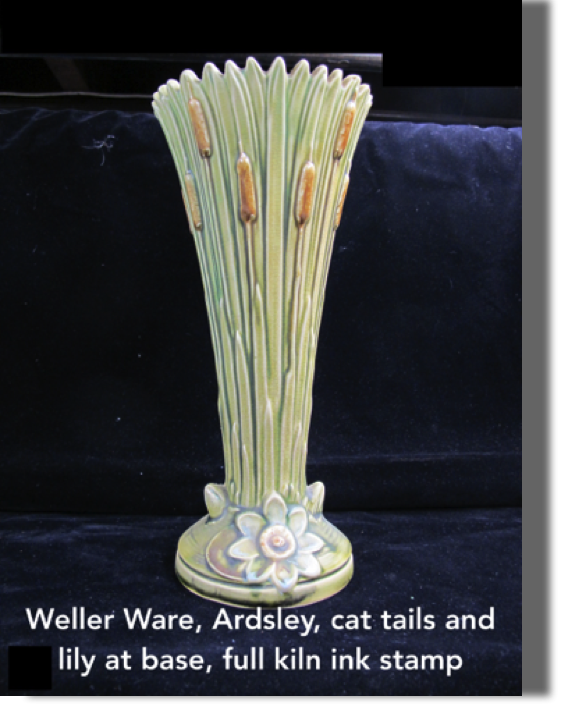 Ardsley vase full kiln ink stamp, 11.50" high, 5.50" at top, base 4.50", cat tails and lilies at base, next photo - introduced in the early to mid-twenties