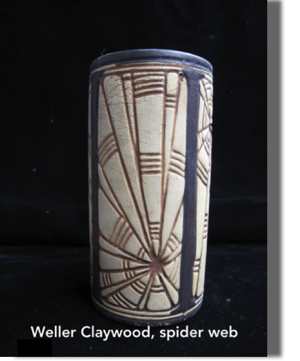 Weller Claywood vase, 5.50" high with spider webs - introduced about 1910