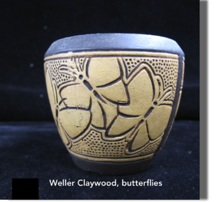 Weller Claywood vase, 3" high with butterflies - introduced about 1910