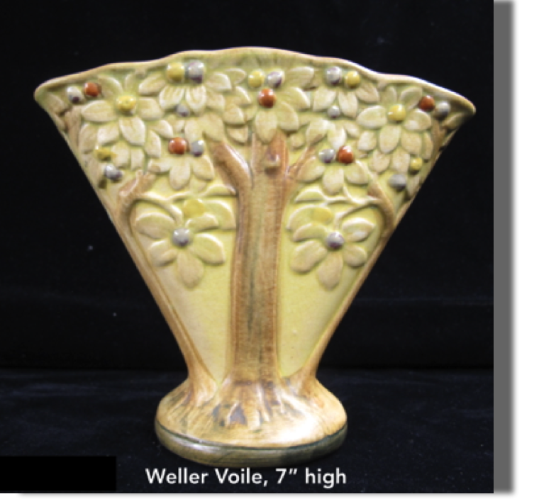Voile was introduced by Weller in the early 20's to 1928.  This fan vase is 7" high with great definition and color within the vase