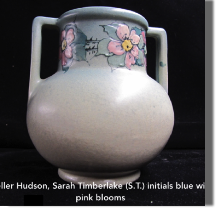Hudson line, two handled vase, Sarah Timberlake (S.T.) initials blue with pink flowers around neck of vase, line was produced from early 20's to mid-30's, lovely piece