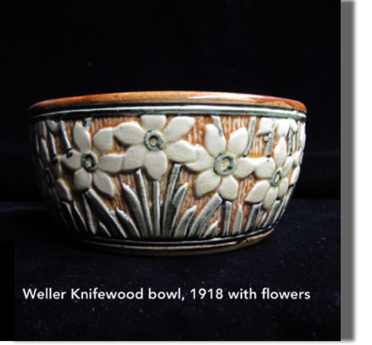 Line began in late teens, nice example from 1918, with nice deep yellow and green flowers, good definition, 2.5" high bowl,