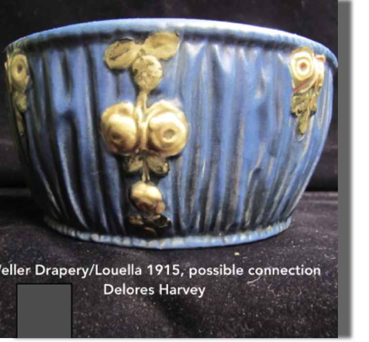 Drapery/Louella blue bowl, 1915, 3.50" high, possible Delores Harvey, also worked at Owens, believe used for flowers, glaze intact