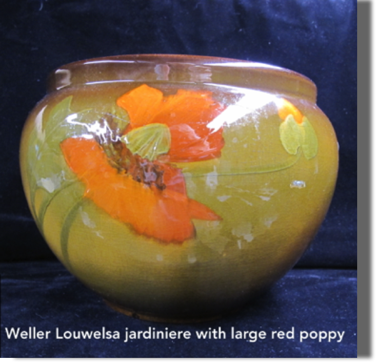 Jardiniere, attributed to Louwelsa, 7.5" high by 10.50 wide, with great large poppy