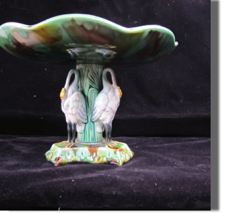 Rare English pedestal centerpiece with three storks on base rising to a white pond lily - 6" tall, 9.25" wide. Same piece in the San Francisco Fine Arts collection - very fine color and detail - perfect!